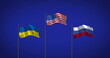 Image of flags of ukraine, usa and russia on blue background