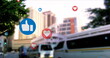Image of social media icons and data processing over cityscape