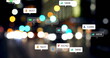 Image of social media icons and data processing over city lights