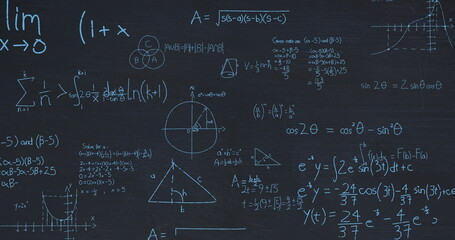 Poster - Image of mathematical data processing over black background