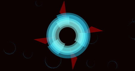 Poster - Image of multiple blue circles and red shapes spinning in hypnotic motion on black background