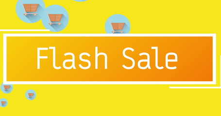 Poster - Image of Flash sale text on orange banner against multiple shopping cart icons on yellow background