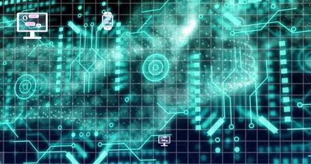 Poster - Image of ai chat interface in smartwatch, digital tablet and computer over dynamic wave pattern
