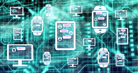 Poster - Image of ai chat interface in smartwatch, digital tablet and computer over dynamic wave pattern