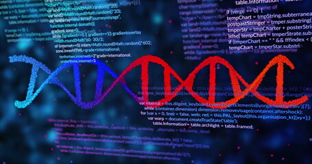 Poster - Image of data processing over dna strand on black background