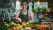 Portrait of beauty body slim healthy asian woman having fun cooking and preparing cooking vegan food healthy eat with fresh vegetable salad in kitchen at home.Diet concept.Fitness and healthy food.