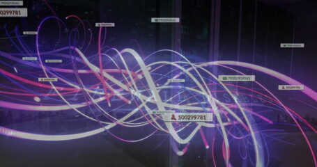 Poster - Image of notification bars, texts, letters, numbers, symbols over data server room