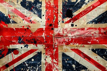 A worn British Union Jack flag painted over a collage of newspaper clippings with a grunge aesthetic.