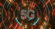 Image of digital interface with 5G network of connections and scope in glowing tunnel