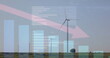Image of red arrow and financial data processing over wind turbines field in countryside