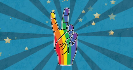 Poster - Image of rainbow color hand with victory gesture over stars and spiral pattern