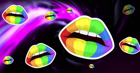 Poster - Image of rainbow colors on mouths over moving abstract pattern against black background