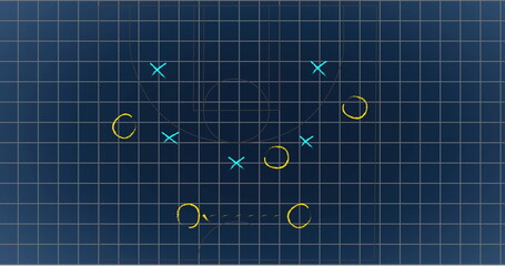 Poster - Image of blue and yellow symbols and arrows on grid pattern against black background