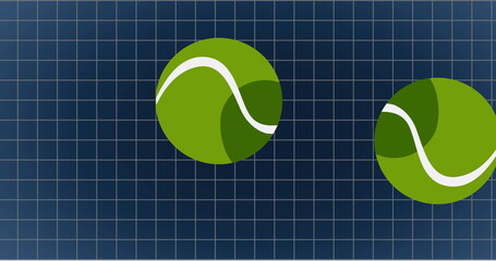 Poster - Image of tennis ball falling over grid pattern against black background