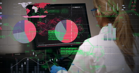 Poster - image of scientific data processing over caucasian female scientist in laboratory