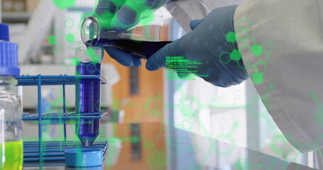 Poster - Image of scientific data processing over male scientist in laboratory