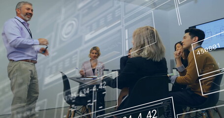 Wall Mural - Image of financial data processing over diverse business people in office