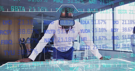 Poster - Image of network of connection with interface icons over woman using smartphone