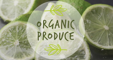 Wall Mural - Image of organic produce text over slices of lime falling in water background