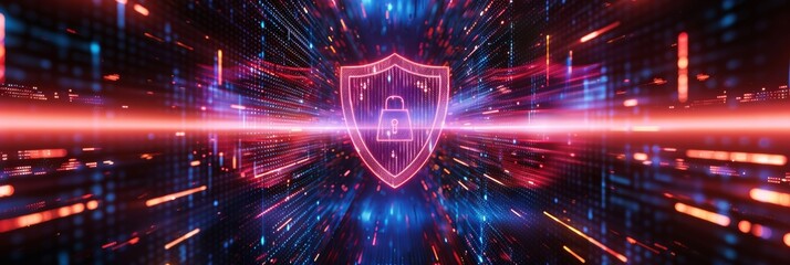 Poster - Holographic lock shield on binary code backdrop