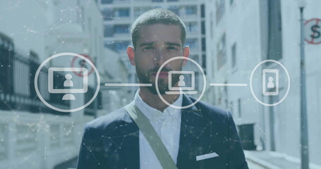 Poster - Image of financial data processing over caucasian businessman in city