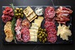 A charcuterie board featuring an assortment of meats, cheeses, crackers, and olives on a dark slate background.