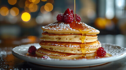 Canvas Print - fluffy pancakes, with syrup dripping as the background