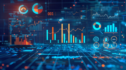 Poster - Digital Technology Network Data and Communication Concept Abstract Background,Laptop with digital map and stock chart on office desktop. Global trade and data concept. Double exposure
