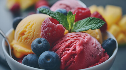 Canvas Print - Close-up of a gourmet gelato bowl with vibrant fruit sorbets