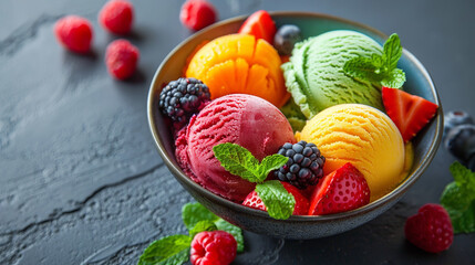 Canvas Print - Close-up of a gourmet gelato bowl with vibrant fruit sorbets