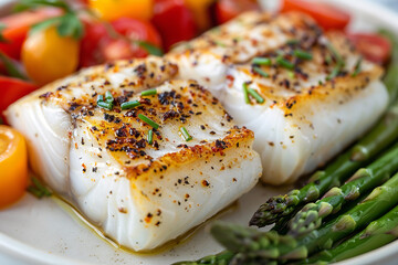 Wall Mural - fish and asparagus on a plate, bright and airy photography