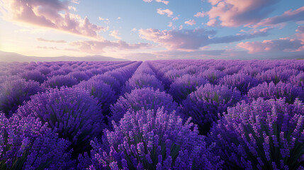 Wall Mural - High angle view of a blooming lavender field, calming, natural palette