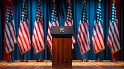 medium Closeup of A stage with a podium in the middle The background is the United States flag