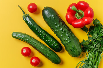 Wall Mural - vegetables on a yellow table, top view, close up, minimalistic photo