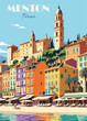 Menton, France Travel Destination Poster in retro style. French Riviera vintage colorful print. European summer vacation, holidays concept. Vector art illustration.