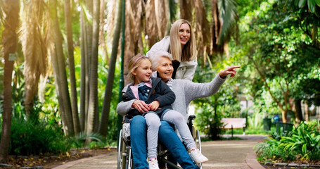 Poster - Elderly woman, wheelchair and child with lady in nature for retirement, trip or travel outdoor for adventure. Family, smile and happy or explore in park with tree for senior care, relax or vacation