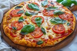 Fototapeta Natura - Freshly Baked Margarita Pizza with Basil on Rustic Wooden Board