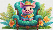 oil painting style CUTE BABY CARTOON Frontal portrait of a cute little pig on a blue armchair,