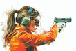 Orange watercolor paint of a woman on pistol gun shooting practice
