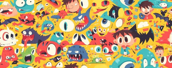 Wall Mural - A vibrant cartoon-style illustration of various characters with exaggerated expressions, set against an abstract background filled with colorful clouds and patterns. 