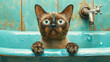 Cat and in a vintage bathtub smiles broadly. Surreal art with weird animal.