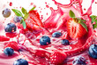 Fresh drink with strawberry, blueberry and raspberry in splashing fresh juice isolated on white background.