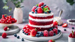 Red Velvet cake with a bright white cream texture with fresh berries. Holiday desserts.
