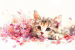 Happy cute kitten lies in the spring flowers on white background. Holliday watercolor illustration