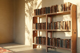 Fototapeta Góry - old bookshelf and clay walls are illuminated by sunlight. 3D rendering