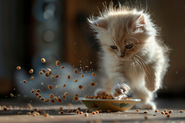 Wall Mural - A fluffy white kitten playfully batting at pieces of kibble scattered around its bowl.