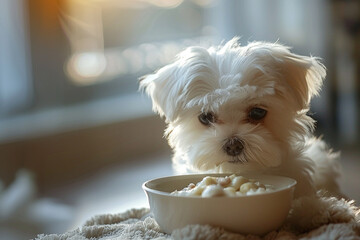 Wall Mural - A fluffy white Maltese dog eagerly devouring a bowl of gourmet, organic pet cuisine.