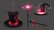 Enchanted magician's hat and levitating trick table on dark background