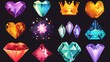 Colorful assortment of cartoon gemstones and crystals on a dark background