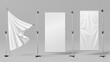 Blank white banners on stands with dynamic fabric movement
